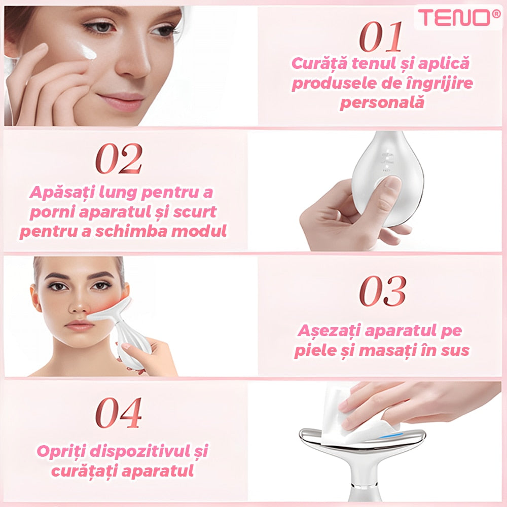 Dispozitiv Anti-Rid Teno®, aparat de masaj facial si pentru gat, suport inclus, cu incalzire pana la 42°C, 3 moduri de vibratie, fototerapie, lifting si reducerea ridurilor, alb