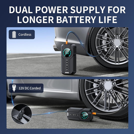 Compresor de aer auto Macvi® Smart, portabil si multifunctional, 6000mAh, 180PSI, lanterna LED SOS, baterie externa si accesorii complete