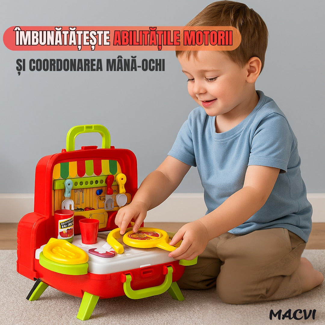 Set de jucarie Bucatarie portabila Macvi®, masinuta 2 in 1, 21 piese, cuptor functional si accesorii de gatit, rosu, 3+ ani