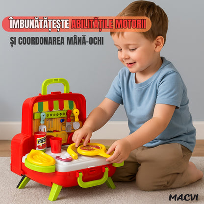 Set de jucarie Bucatarie portabila Macvi®, masinuta 2 in 1, 21 piese, cuptor functional si accesorii de gatit, rosu, 3+ ani