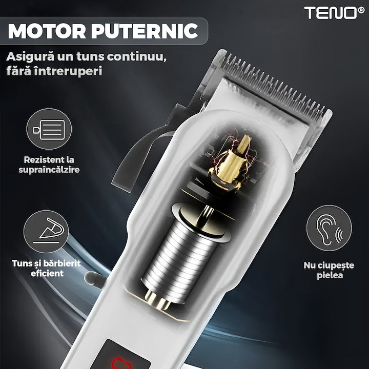 Aparat de tuns barba Teno®, afisaj digital, 4 piepteni inclusi, incarcare la retea, lame ascutite, usor de curatat, trimmer profesional, alb