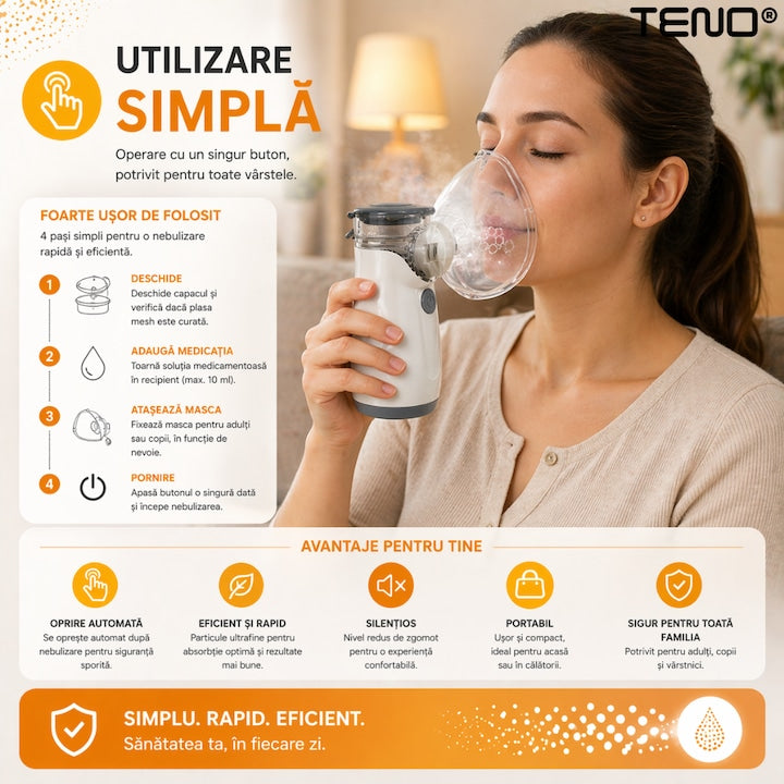 Nebulizator pentru copii Teno, particule ultrafine 2.5mm, silentios 30dB, USB, set cu masca adulti si copii