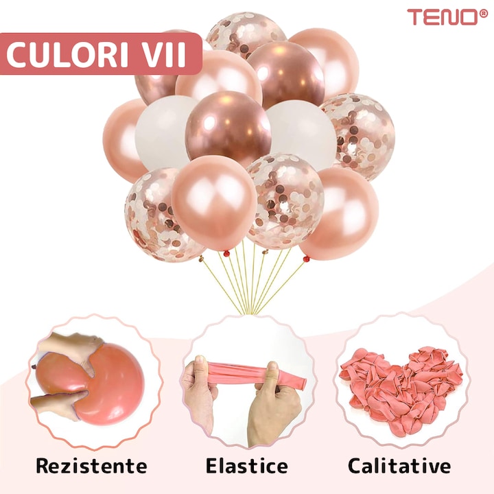 Set 12 Baloane Teno®, Cifra 1, pentru Petreceri/Aniversari/Evenimente, Stea/Rotunde/Confetti, 3 culori, latex, rose gold
