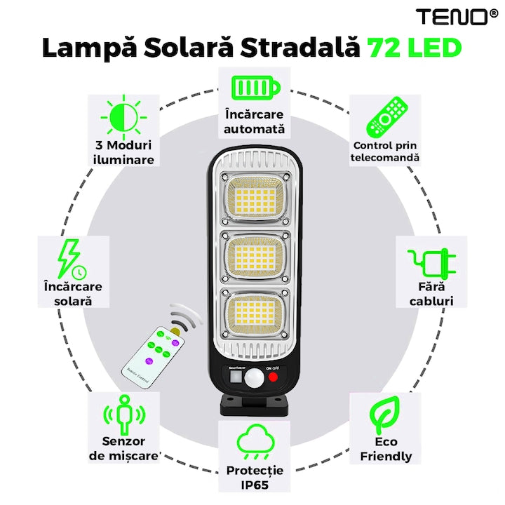 Lampa Solara Stradala 72 LED-uri Teno®, control prin telecomanda, senzor de miscare, 3 moduri de iluminare, protectie IP65, Waterproof, exterior, negru