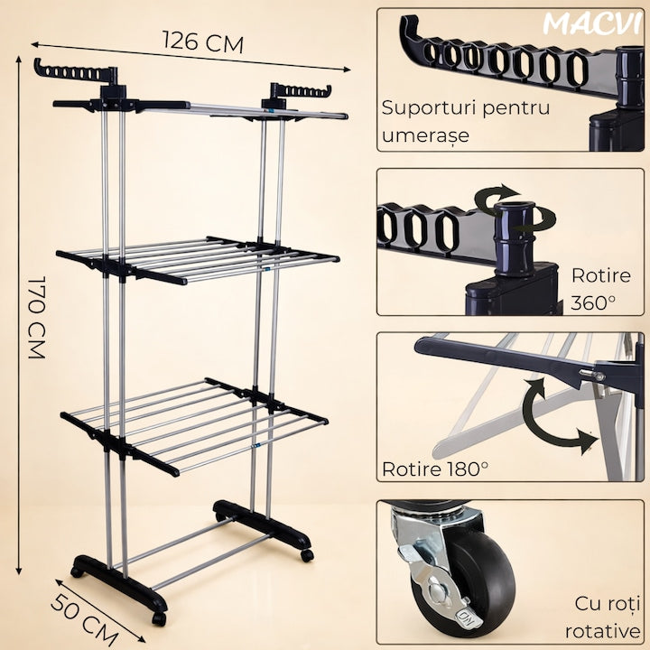 Uscator vertical pentru rufe Macvi®, cu 3 nivele de uscare, mobil si pliabil, suport umerase, negru