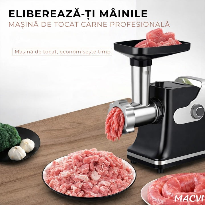 Aparat electric de tocat carne Macvi, inox, 800W, 2 trepte de viteza, negru/alb