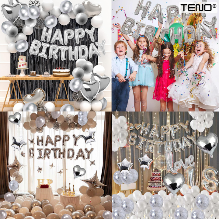 Set 25 Baloane Teno®, Litere, pentru Petreceri/Aniversari/Evenimente, confetti, stelute, model HAPPY BIRTHDAY, argintiu
