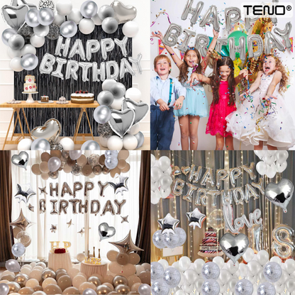 Set 25 Baloane Teno®, Litere, pentru Petreceri/Aniversari/Evenimente, confetti, stelute, model HAPPY BIRTHDAY, argintiu