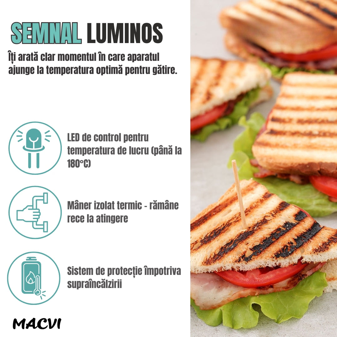 Sandwich-maker 3in1 Macvi®, grill/presa panini, 1800W, Negru/Argintiu