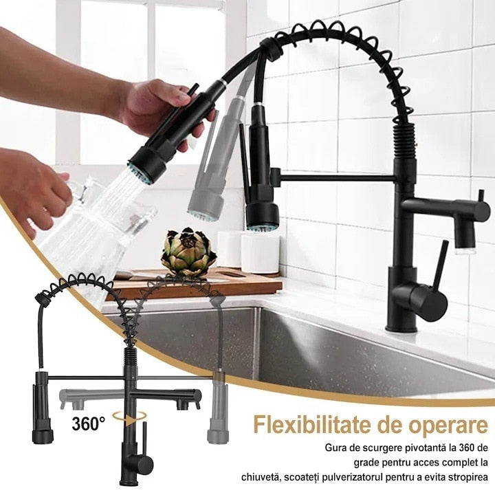 Baterie Bucatarie Macvi® Monocomanda 360° cu 2 Pipe Flexibile Otel Inoxidabil Negru