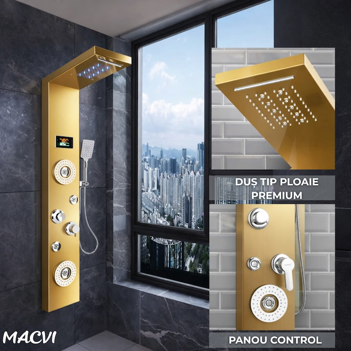 Panou dus Macvi® hidromasaj 5 functii LED digital inox auriu satin 120 cm, afisaj temperatura anticalcar dus tip ploaie cascada, para mobila, jeturi masaj baie, premium