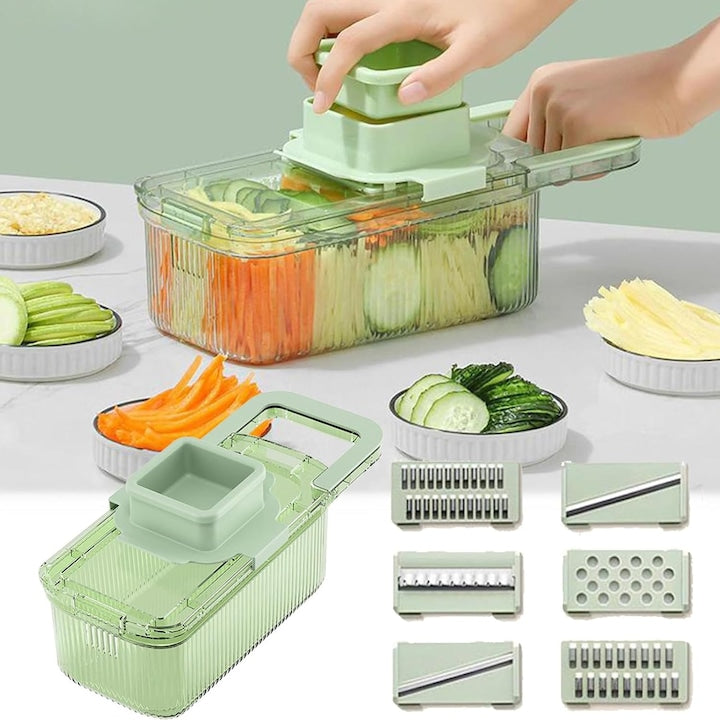 Razatoare Multifunctionala Macvi® cu Recipient si 6 Lame din Otel Inoxidabil, Tocator Rotund pentru Legume si Fructe, Design Demontabil, Verde