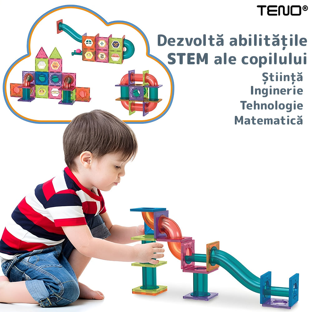 Set Inteligent si Creativ Magnetic 3D Teno®, 125 Piese, traseu cu bile, creativ, numeroase posibilitati de construit, dezvoltarea abilitatilor motrice si a imaginatiei, multicolor