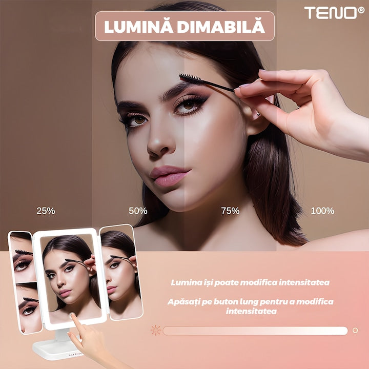 Oglinda Cosmetica Teno, pliabila, iluminare LED, marire X2 si X3, alb, inaltabila, cu oglinzi laterale