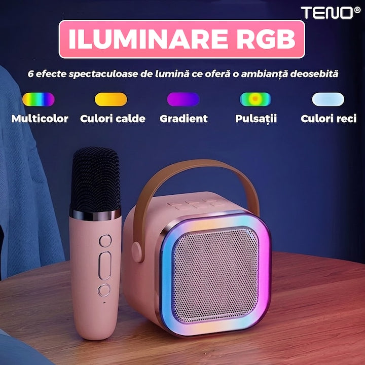 Boxa Portabila Teno®, karaoke, 2 microfoane, 4 porturi, wireless, RBG, Roz