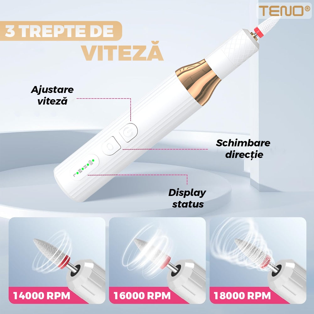 Pila Electrica Profesionala pentru Unghii Teno®, freza wireless, 18000 RPM, indicator led, manichiura-pedichiura, 12 capete pentru pila, 36 benzi de slefurie, portabila, alb