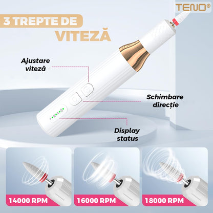Pila Electrica Profesionala pentru Unghii Teno®, freza wireless, 18000 RPM, indicator led, manichiura-pedichiura, 12 capete pentru pila, 36 benzi de slefurie, portabila, alb