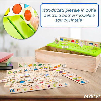 Jucarie educativa din lemn Macvi®, set cu cutie si cartonase, pentru dezvoltarea coordonarii mana-ochi si logicii matematice, 3+, 29, 5×11×8 cm