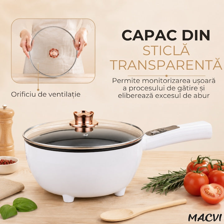 Tigaie Electrica Inteligenta Macvi® 3L, 1000W, Panou Digital Tactil, Diametru 24 cm, Strat Ceramic Antiaderent, 4 Functii de Gatire, Alb