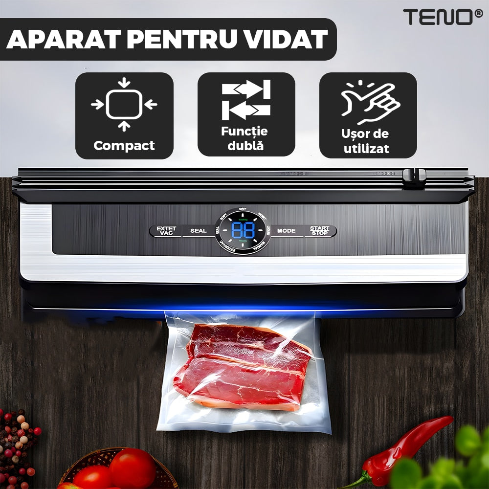 Aparat de Vidat si Sigilat PRO Teno®, functie de sigilare si vidare automata, vidare externa, 8 moduri de operare, putere ridicata, 65 kpa, furtun inclus, cutter incorporat, afisaj digital, negru
