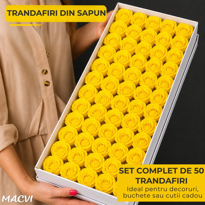 Set 50 trandafiri din sapun, 5x5 cm, calitate premium, decor si cadou elegant, Galben deschis