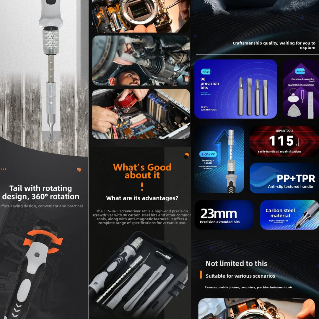 Set Surubelnite de Precizie Macvi® 115 in 1, 98 Biti Magnetici din Otel Carbon, Trusa Profesionala pentru Reparatii Telefoane, Laptopuri, Electronice, Cutie Compacta