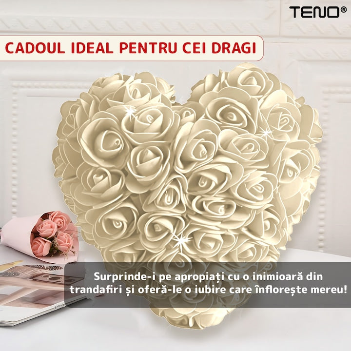 Inimioara din Trandafiri de Spuma Teno®, floral alb, handmade, cutie transparenta, eleganta si naturala, nemuritoare, 17 cm