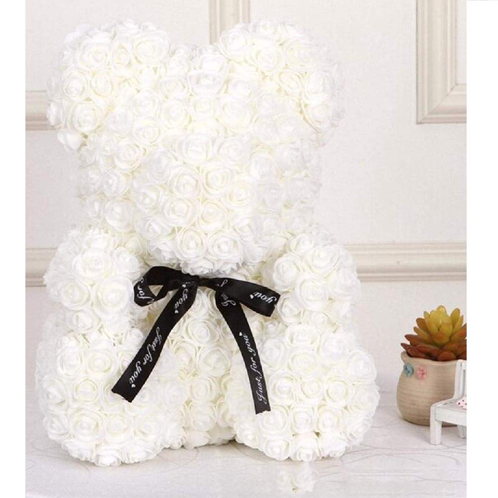 Ursulet din Trandafiri Sapun Macvi® Alb 25 cm in Cutie Transparenta Cadou Romantic