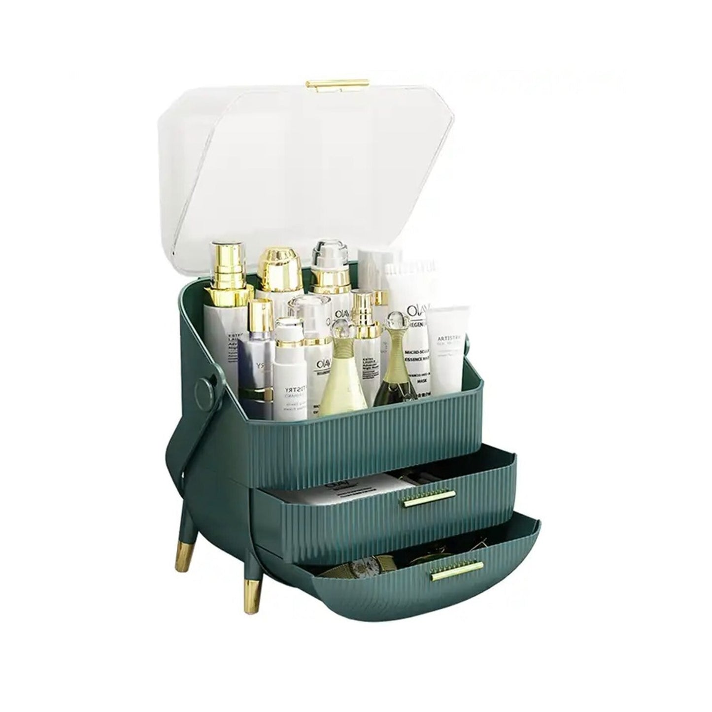 Set organizator de machiaj Macvi®, 2 sertare, capac transparent, maner confortabil, rezistent la praf, plastic PP + acril, 37x28x18.5 cm