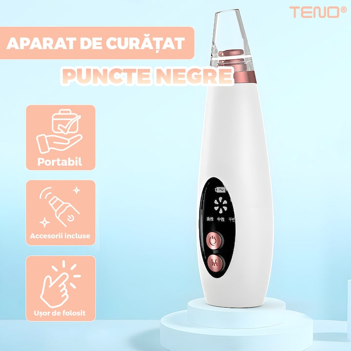 Aparat cu Vacuum pentru Puncte Negre si Grasime Teno®, curatare faciala, ingrijire faciala, 3 viteze, 6 capete interschimbabile, delicat cu pielea, afisaj digital, alb