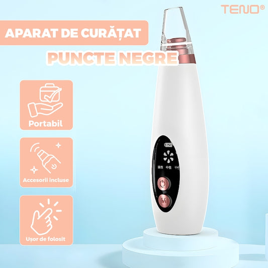 Aparat cu Vacuum pentru Puncte Negre si Grasime Teno®, curatare faciala, ingrijire faciala, 3 viteze, 6 capete interschimbabile, delicat cu pielea, afisaj digital, alb