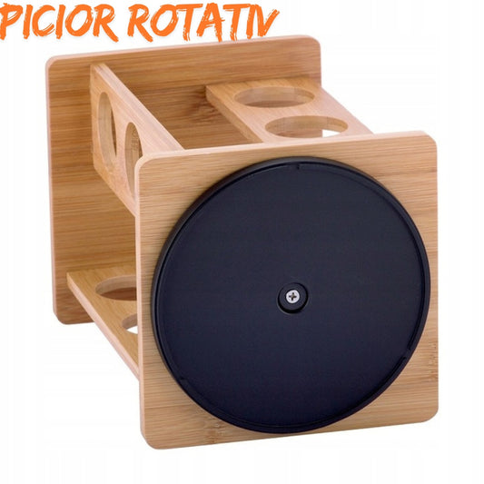 Set Condimente Macvi® Rotativ cu 12 Borcane Sticla Suport Bambus Carusel Bucatarie