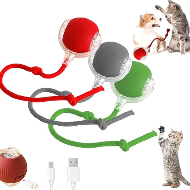 Jucarie interactiva electrica pentru caini si pisici PAPLIX - Minge cu autodeplasare, model dungat si coada cu franghie distractiva, Rosu