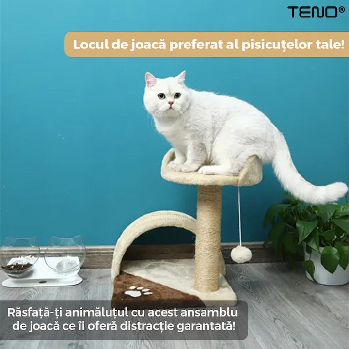 Ansamblu de Joaca pentru Pisici Teno®, 1 nivel, loc de relaxare, franghie si minge de joaca, stalpi pentru zgariat, captuseala extra moale, structura stabila, 42 cm, crem