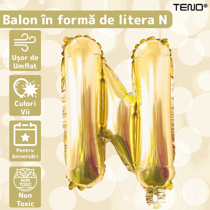 Balon in Forma de Litera N Teno®, metalizat, pentru Petreceri/Aniversari/Evenimente, rezistent, folie, gold, 40 cm
