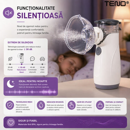 Nebulizator pentru copii Teno, particule ultrafine 2.5mm, silentios 30dB, USB, set cu masca adulti si copii