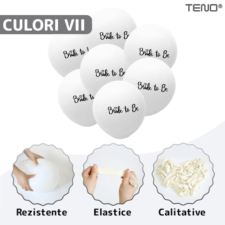 Set 6 Baloane Teno®, pentru Petreceri/Evenimente, rezistente, elastice, usor de umflat, model BRIDE TO BE, 30 cm, alb