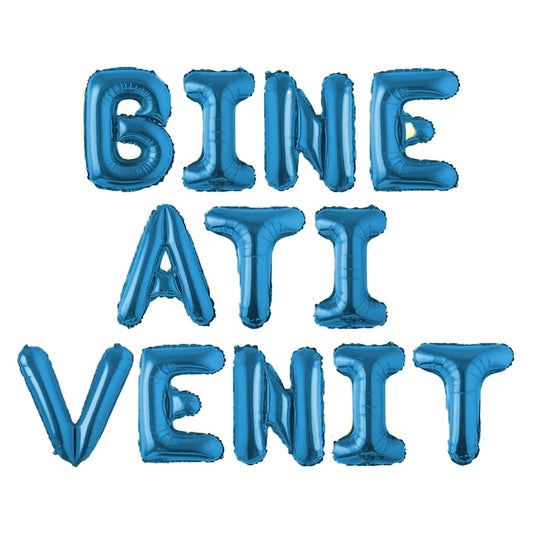 Set 12 Baloane Teno®, Litere, pentru Petreceri/Aniversari/Evenimente, o singura dimensiune, o culoare, metalizate, folie, model BINE ATI VENIT albastru, 45 cm
