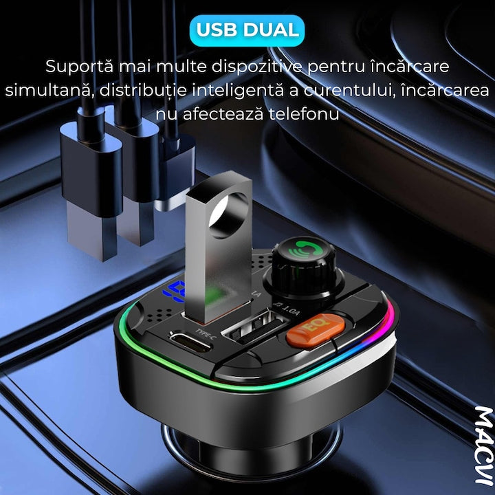 Modulator FM Bluetooth 5.0 Macvi® cu Incarcare Rapida QC 3.0 si PD 20W, 1x USB Tip C, 2x USB Tip A, Iluminare RGB, Negru