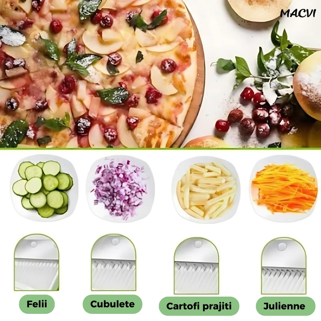 Razatoare Multifunctionala 8 in 1 Macvi®, pentru Fructe si Legume, 12 Accesorii, Rezistenta