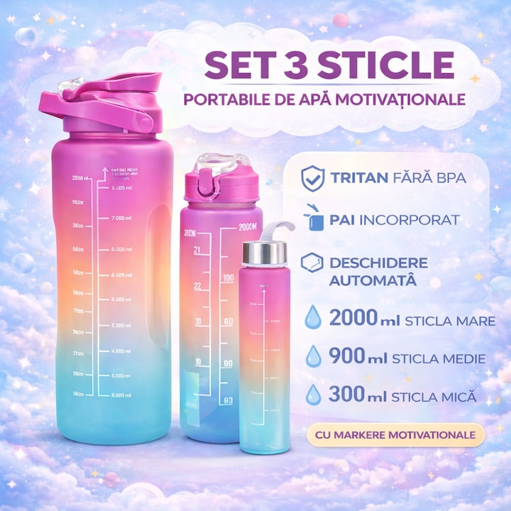 Set 3 Sticle de Apa Motivationale TENO®, 2000ml + 900ml + 300ml, Tritan fara BPA, Pai inclus, Deschidere automata, roz