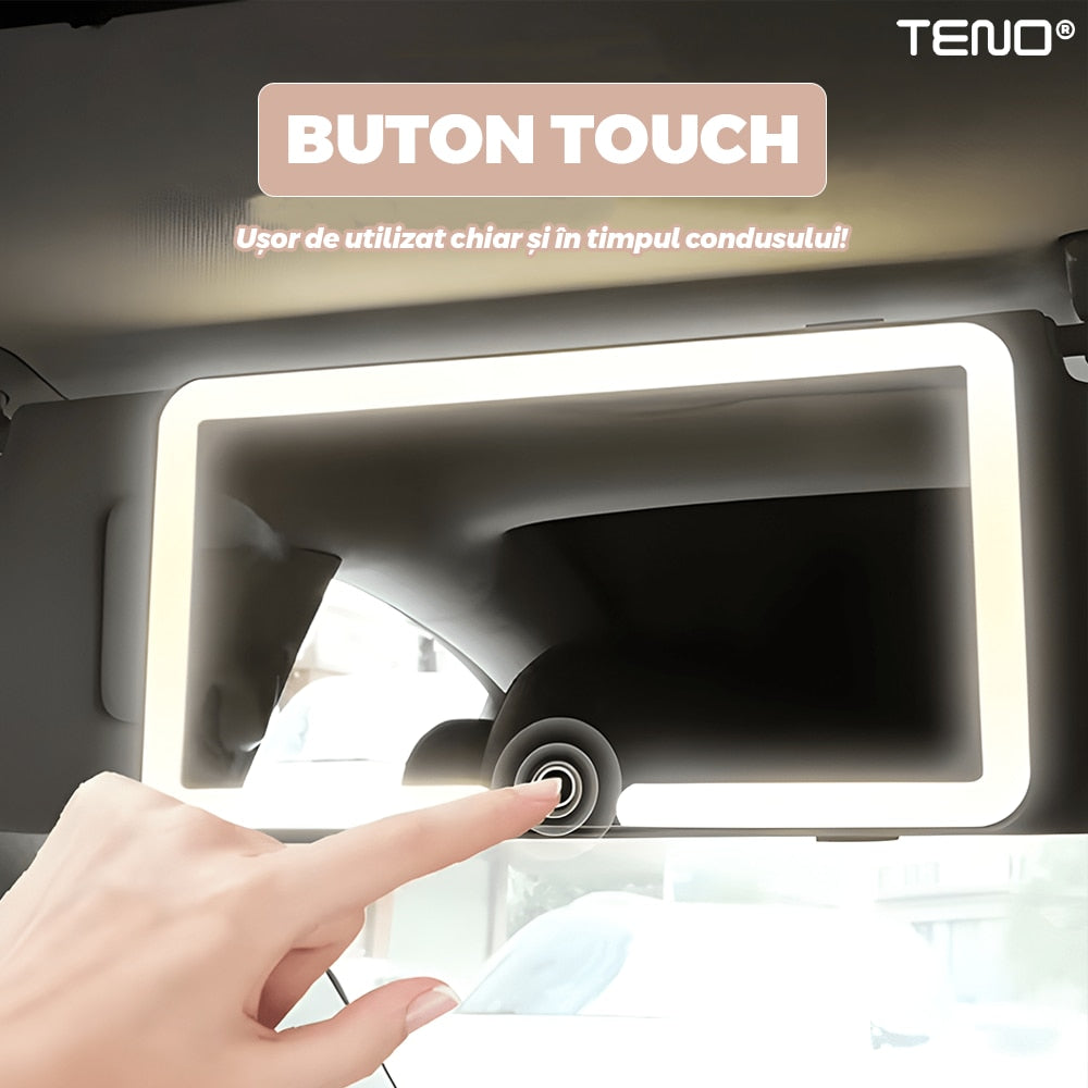 Oglinda Auto Cosmetica Teno®, pentru machiaj, iluminare LED, compacta, usoara, usor de montat, pentru parasolarul interior, buton Touch-Screen, alb