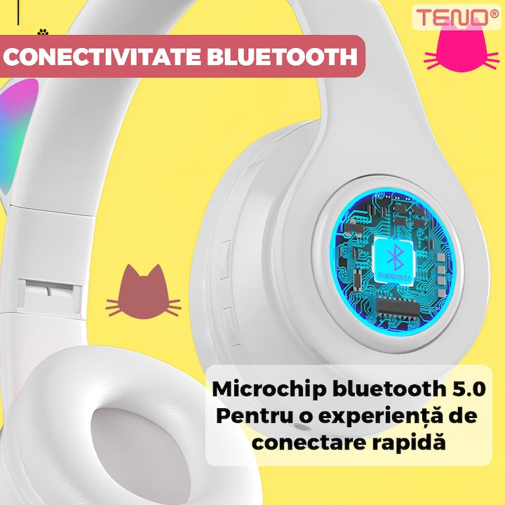 Casti Wireless Model Pisica Teno®, B39, overear, urechi de pisica cu iluminare RGB, bluetooth 5.0, handsfree, HiFi, bass stereo, alb