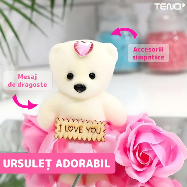 Mini Buchet de Trandafiri din Sapun Teno®, 3 fire, ursulet adorabil inclus, cutie de protectie transparenta, ideal pentru orice ocazie, design elegant, roz deschis