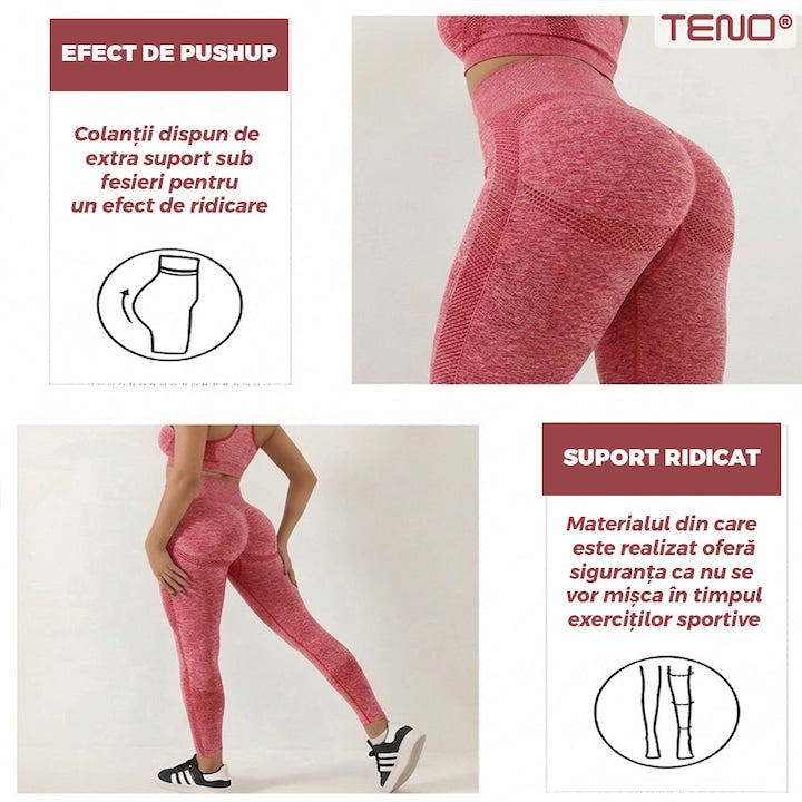 Set Costum Fitness din 2 Piese Teno®, colanti si bustiera, material respirabil, uscare rapida, elasticitate ridicata, one-size, roz