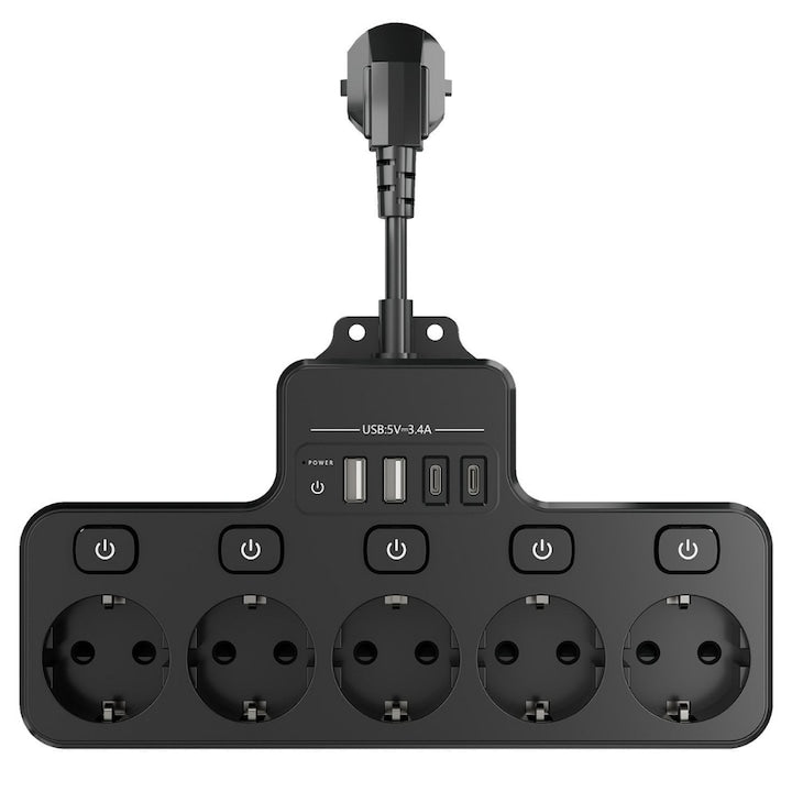 Multipriza Macvi cu 4 prize Schuko, 4 porturi USB, control individual, 4000W, extensie electrica pentru birou si acasa