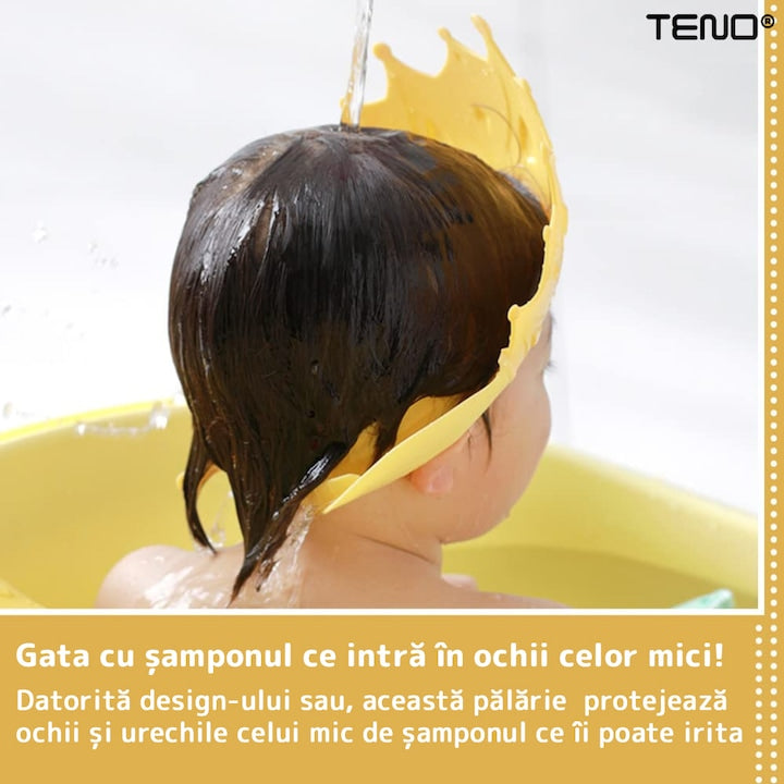 Palarie de Baie pentru Copii Teno®, protectie impotriva samponului pentru ochi si urechi, reglabila, forma coroana rege/regina, galben