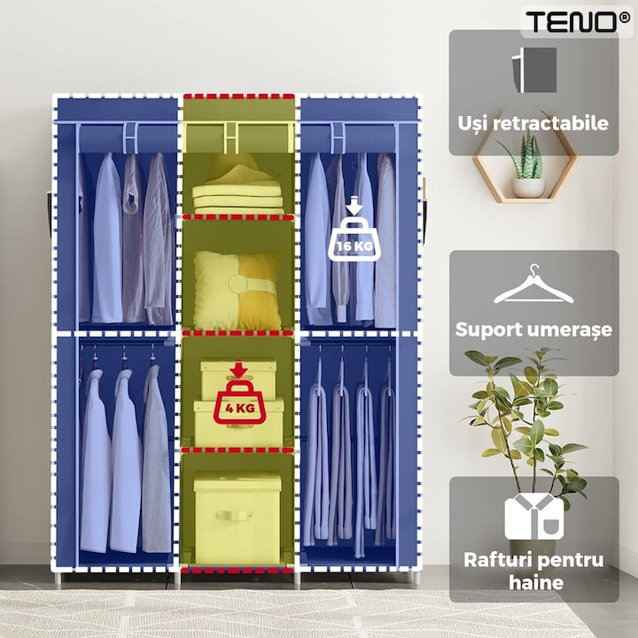 Dulap din Material Textil pentru Haine si Incaltaminte Teno®, impermeabil, 8 rafturi, inchidere fermoar, suport umerase, cadru otel, 170 cm, negru