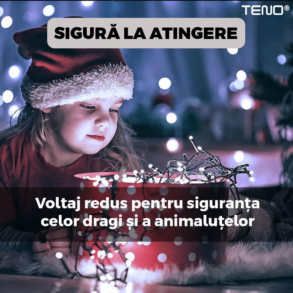 Instalatie de Craciun Liniara cu Panou Solar Teno®, 10 m, 8 jocuri de lumini, alimentare la priza, fir verde, interior/exterior, rezistenta la apa, 100 LED-uri, alb rece