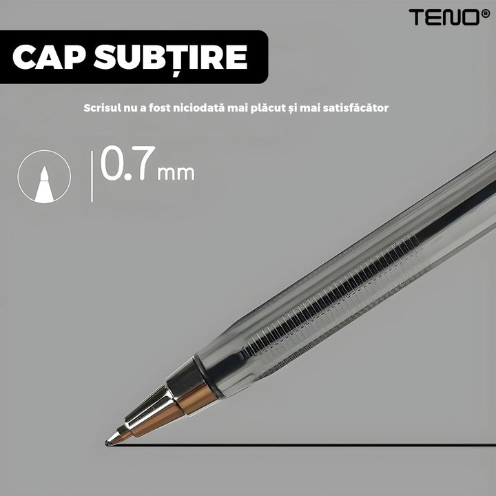 Set 50 de Pixuri Teno®, tip ballpoint, material rezistent, durabile, rezistente in timp, cap 0.7 mm, scriere neteda cu uscare rapida, cu capac, corp de plastic, negru